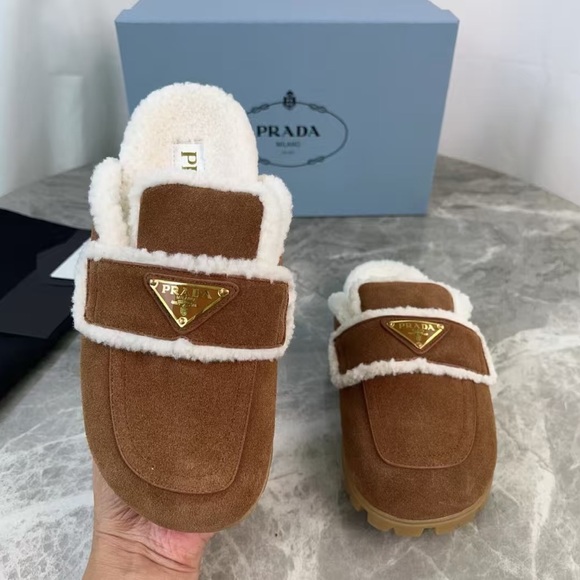 Prada Brown Suede Slippers with White Fur - Picture 6 of 8
